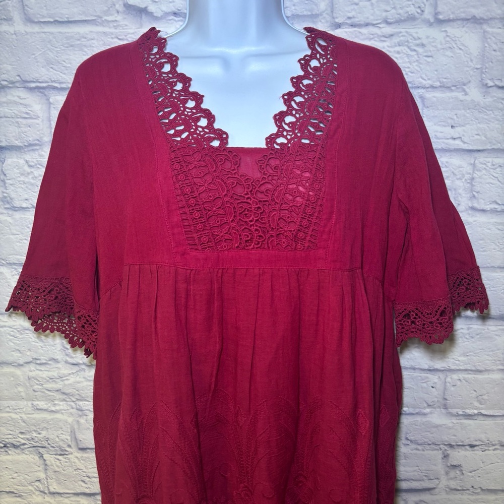 Sundance Women's Half Sleeve Embroidered Dress w/Crochet Detail Pink Burgundy